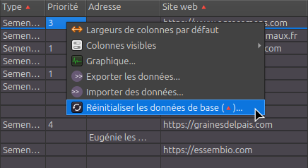 Menu réinitialiser données de bases